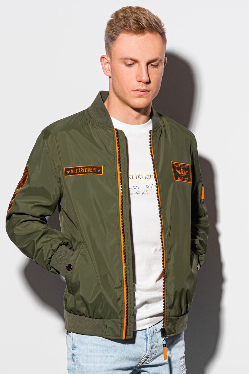 OMBRE, Jacheta bomber cu aplicatii contrastante, Verde militar/Negru/Oranj