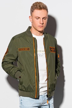 OMBRE, Jacheta bomber cu aplicatii contrastante, Verde militar/Negru/Oranj OMBRE, Jacheta bomber cu aplicatii contrastante, Verde militar/Negru/Oranj