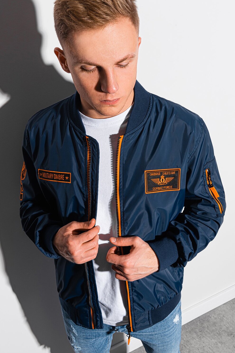 OMBRE, Jacheta bomber cu aplicatii contrastante, Bleumarin/Negru/Oranj