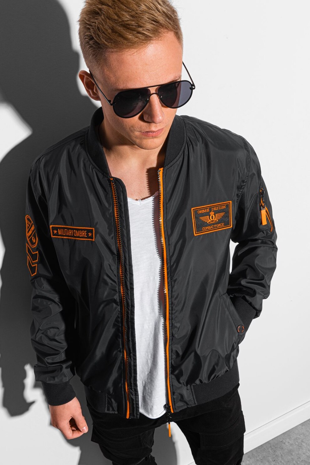 OMBRE, Jacheta bomber cu aplicatii contrastante, Negru/Oranj