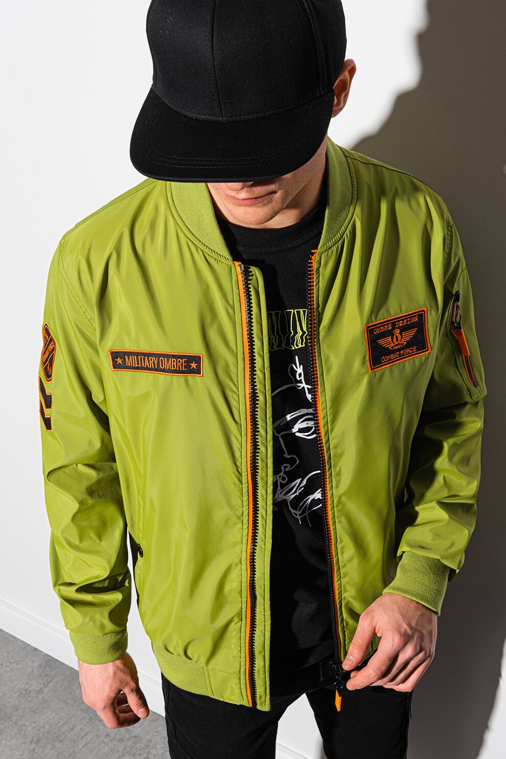 OMBRE, Jacheta bomber cu aplicatii contrastante, Verde lime/Negru/Oranj