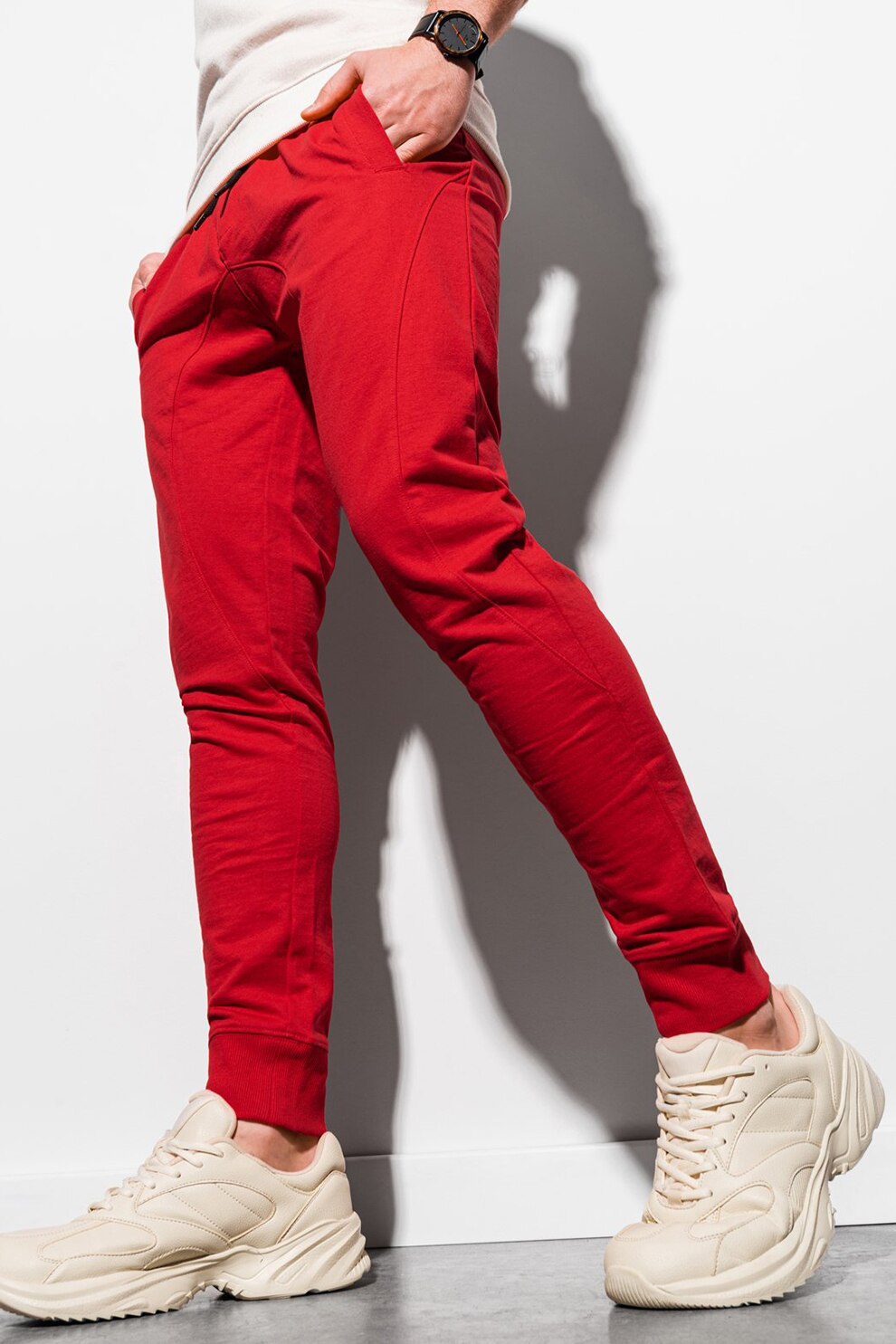 OMBRE, Pantaloni sport conici cu buzunare oblice, Rosu