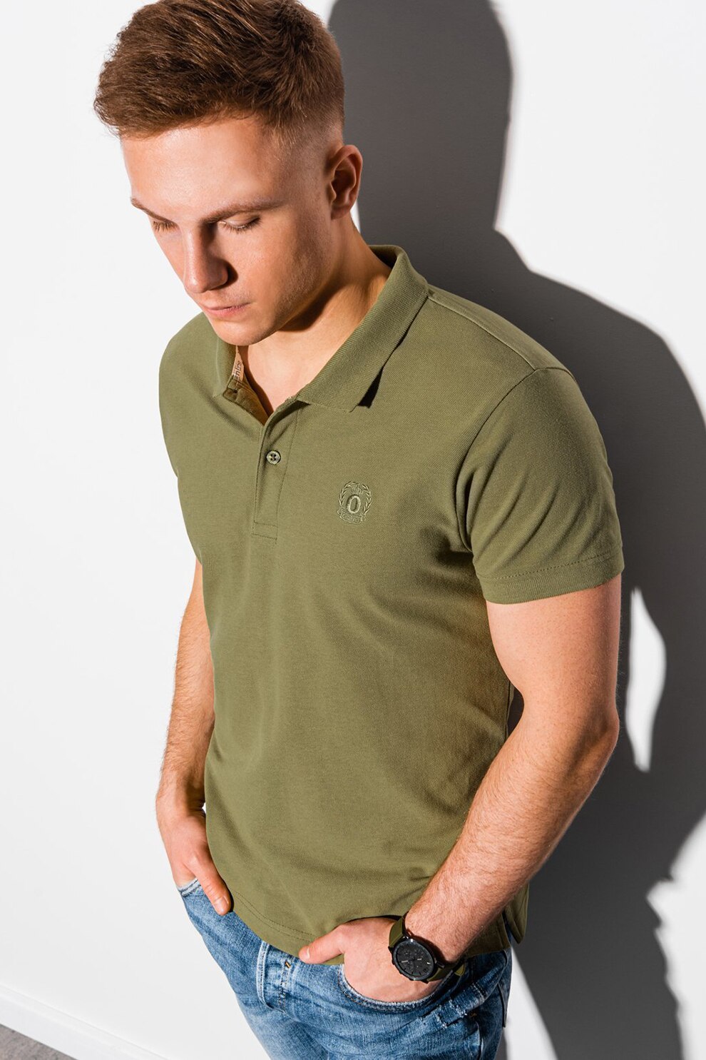 OMBRE, Tricou polo cu logo brodat, Verde militar
