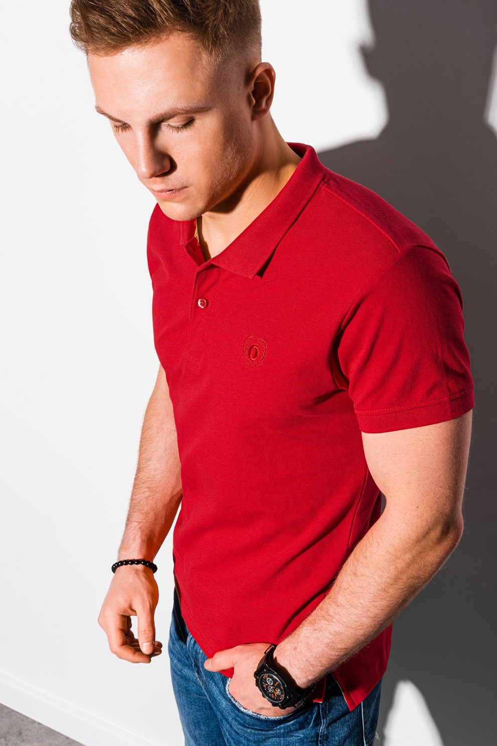 OMBRE, Tricou polo cu logo brodat, Rosu