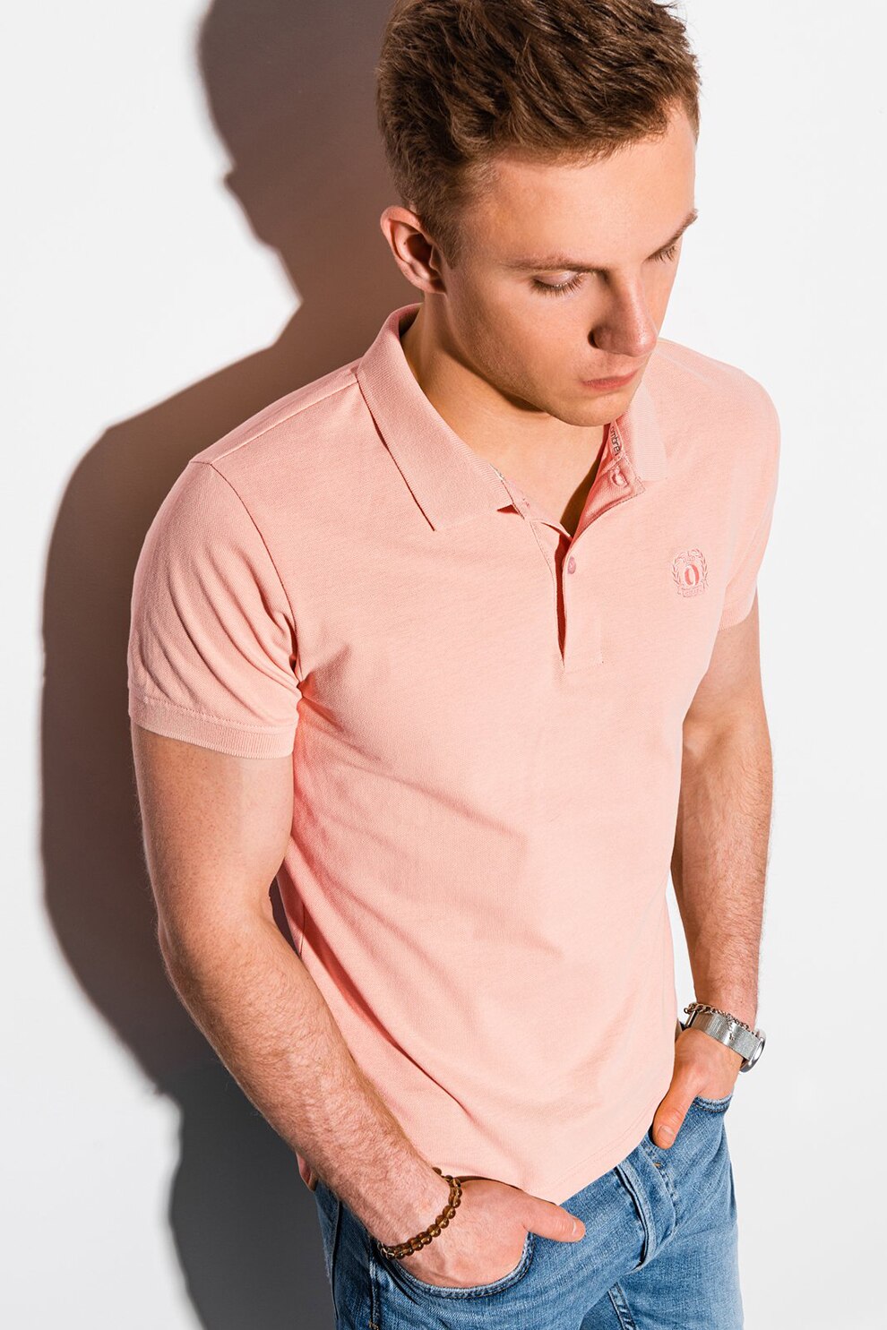OMBRE, Tricou polo cu logo brodat, Roz pastel