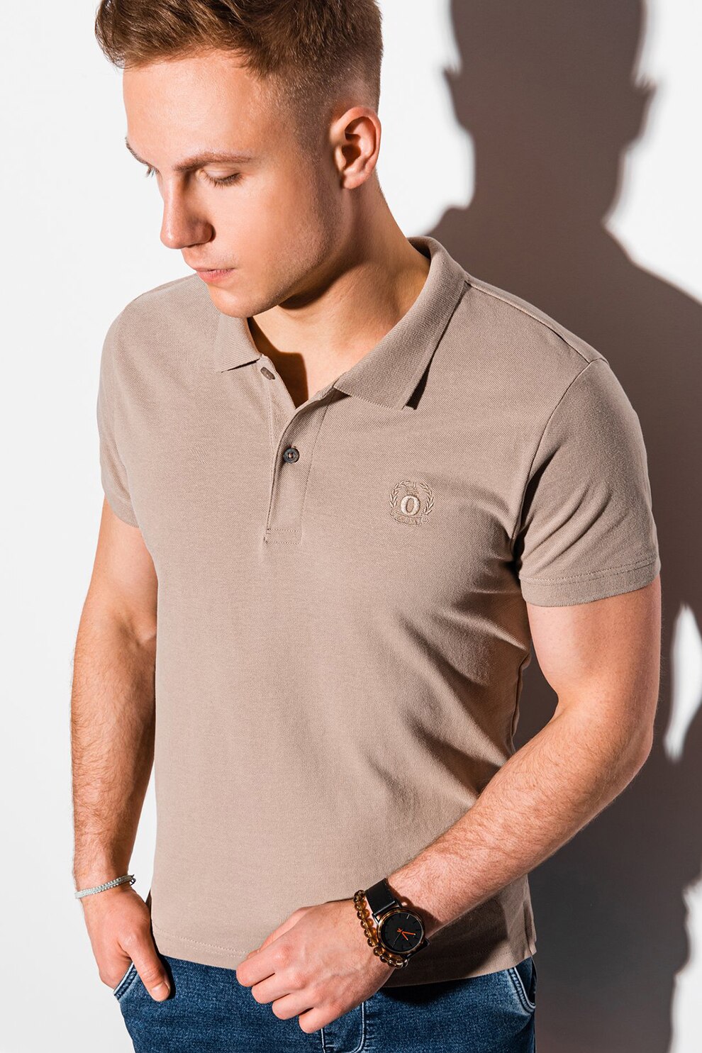 OMBRE, Tricou polo cu logo brodat, Cafeniu