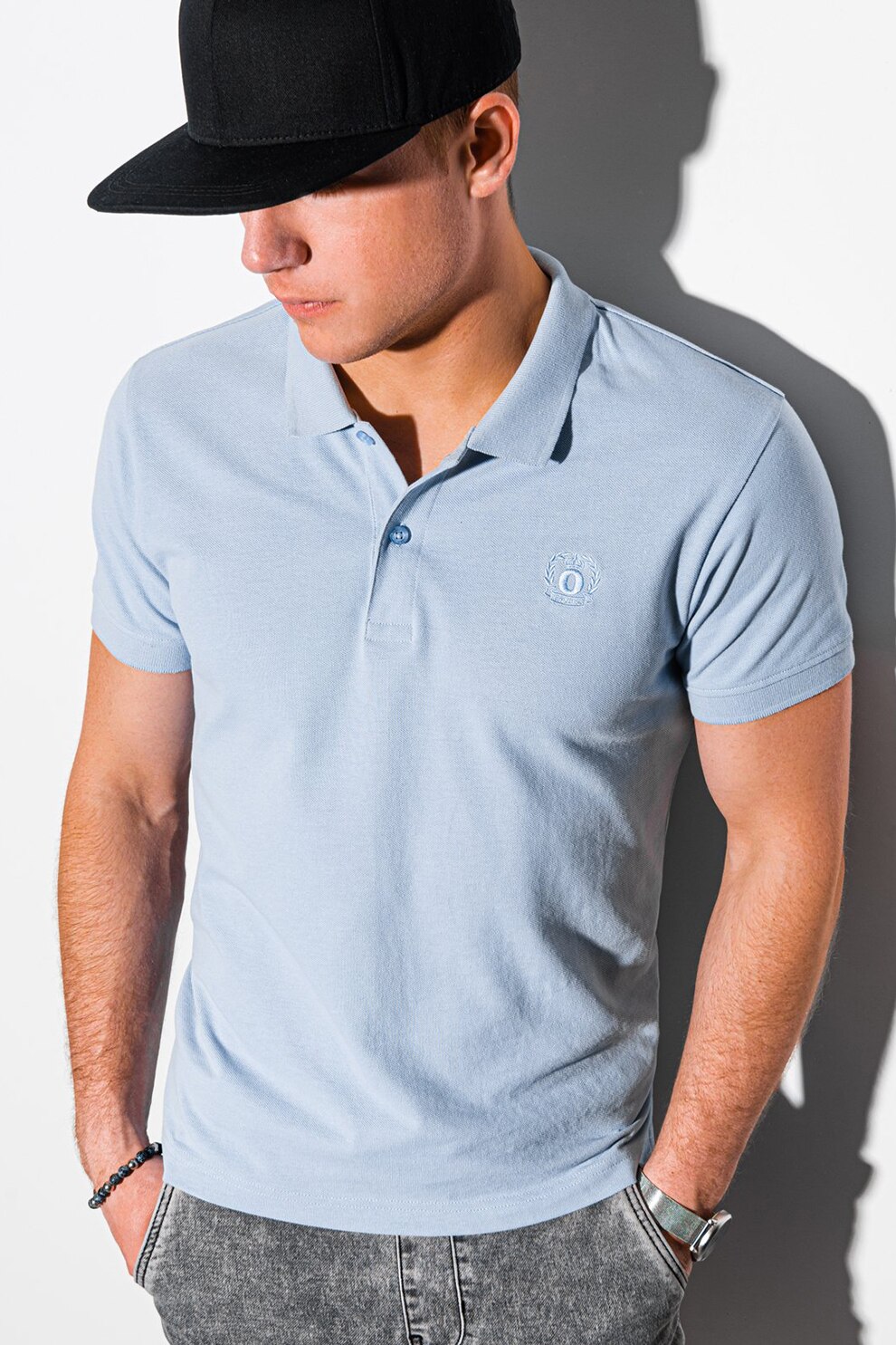 OMBRE, Tricou polo cu logo brodat, Albastru pastel