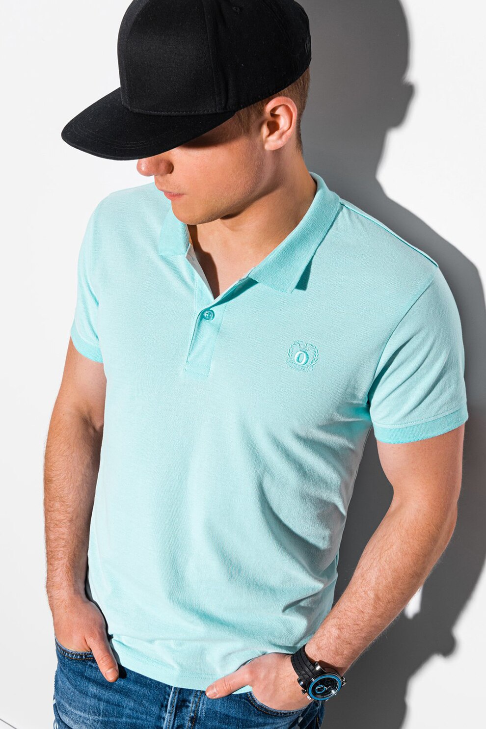 OMBRE, Tricou polo cu logo brodat, Albastru aqua
