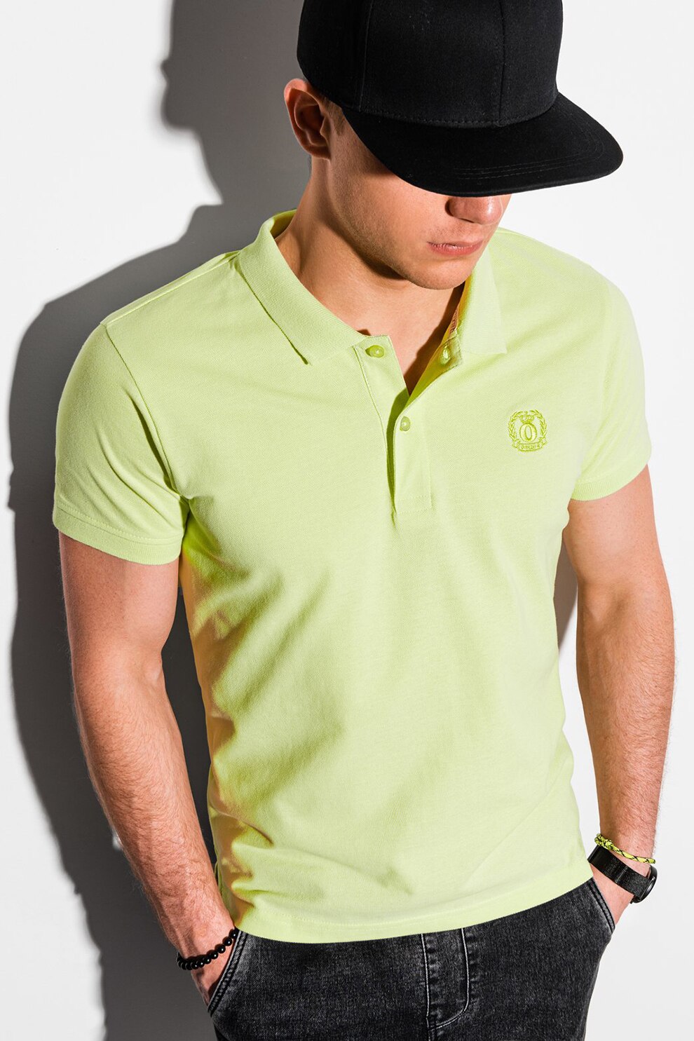 OMBRE, Tricou polo cu logo brodat, Verde lime