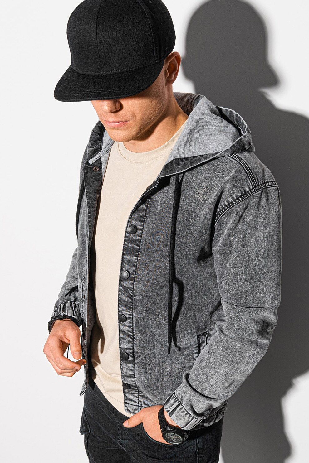 OMBRE, Jacheta de denim cu capse si gluga, Gri