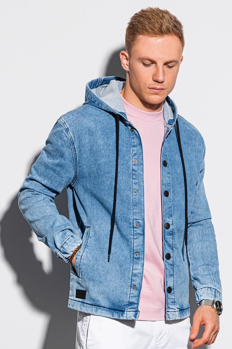 OMBRE, Jacheta de denim cu capse si gluga, Albastru deschis