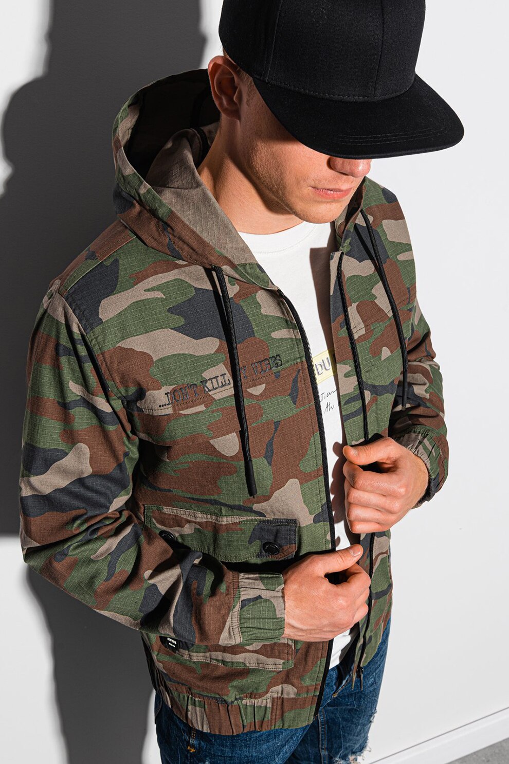 OMBRE, Jacheta cu gluga si model camuflaj, Verde/Maro