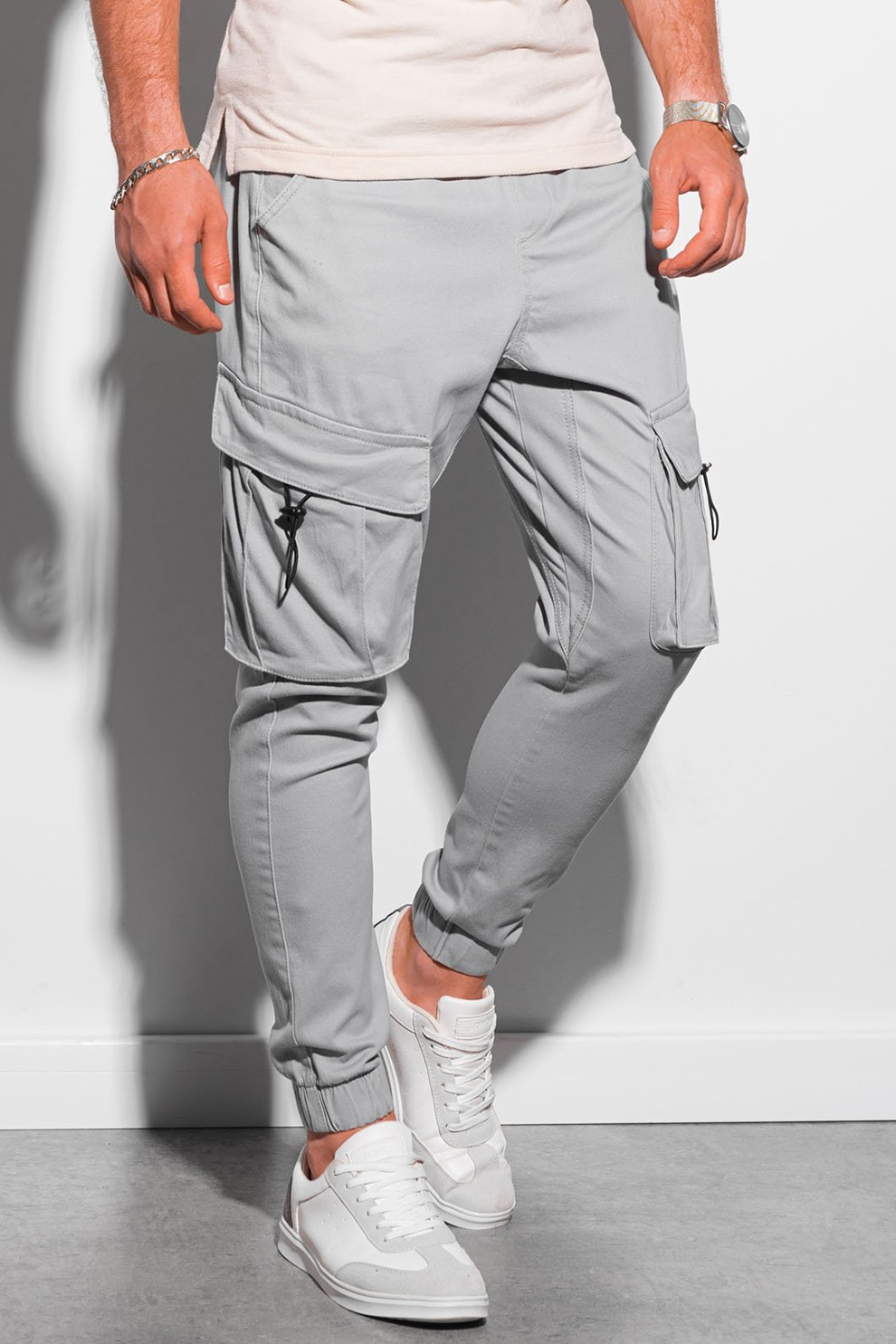 OMBRE, Pantaloni cargo cu snur, Gri