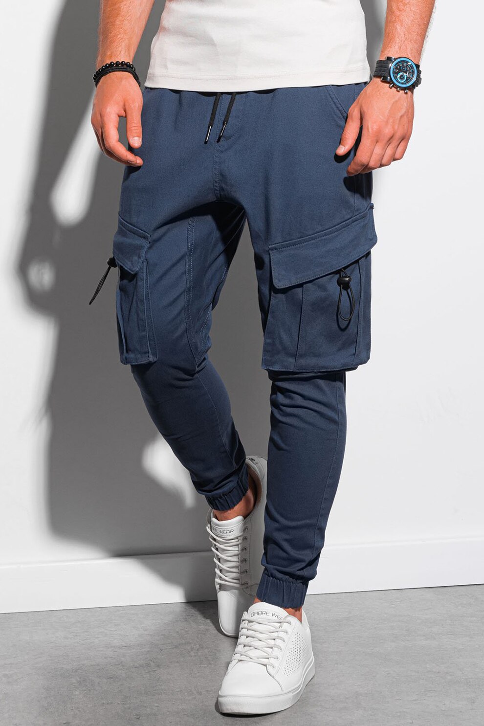 OMBRE, Pantaloni cargo cu snur, Albastru inchis
