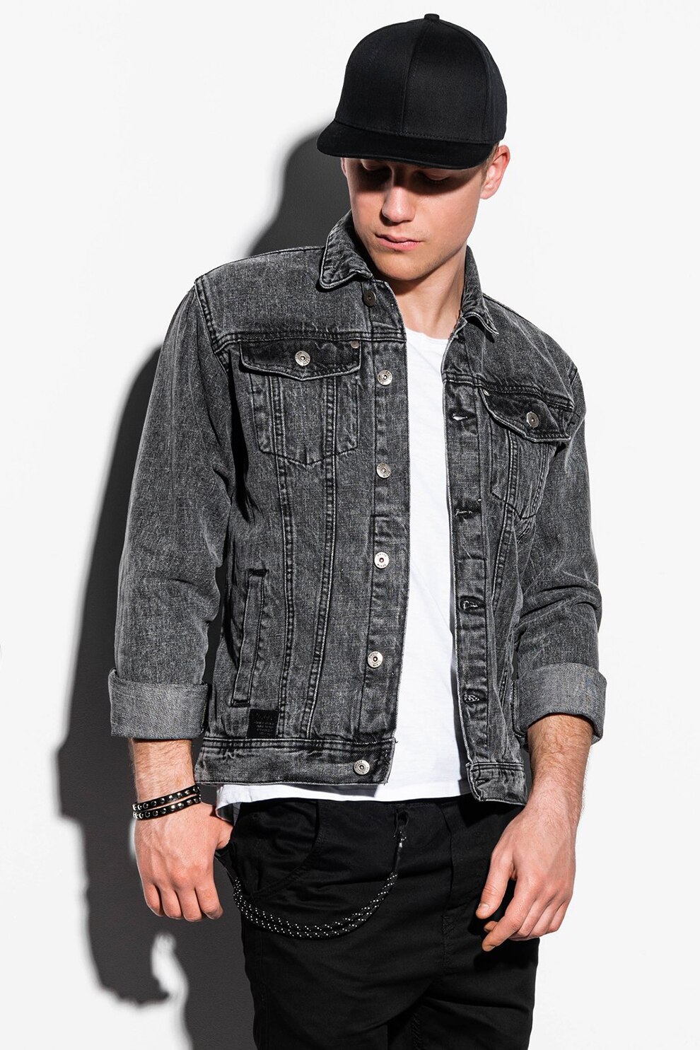 OMBRE, Jacheta de denim cu buzunare cu clapa, Negru stins