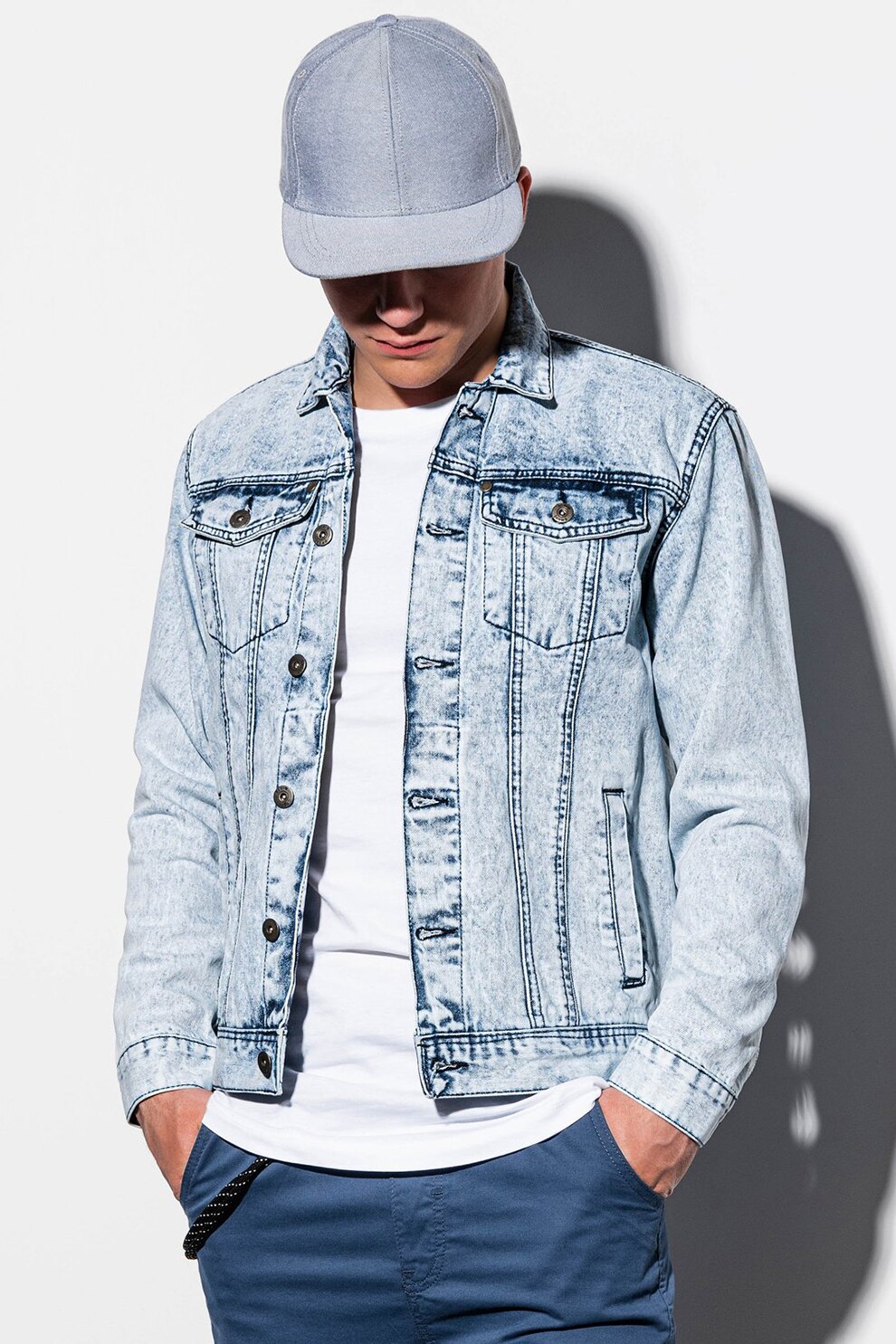 OMBRE, Jacheta de denim cu buzunare cu clapa, Albastru pastel