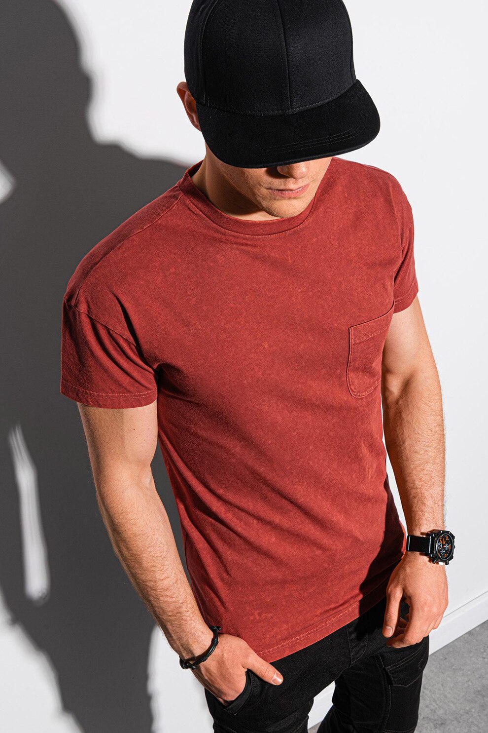 OMBRE, Tricou cu decolteu la baza gatului si buzunar pe piept, Rosu