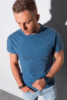 OMBRE, Tricou cu decolteu la baza gatului si buzunar pe piept, Albastru OMBRE, Tricou cu decolteu la baza gatului si buzunar pe piept, Albastru