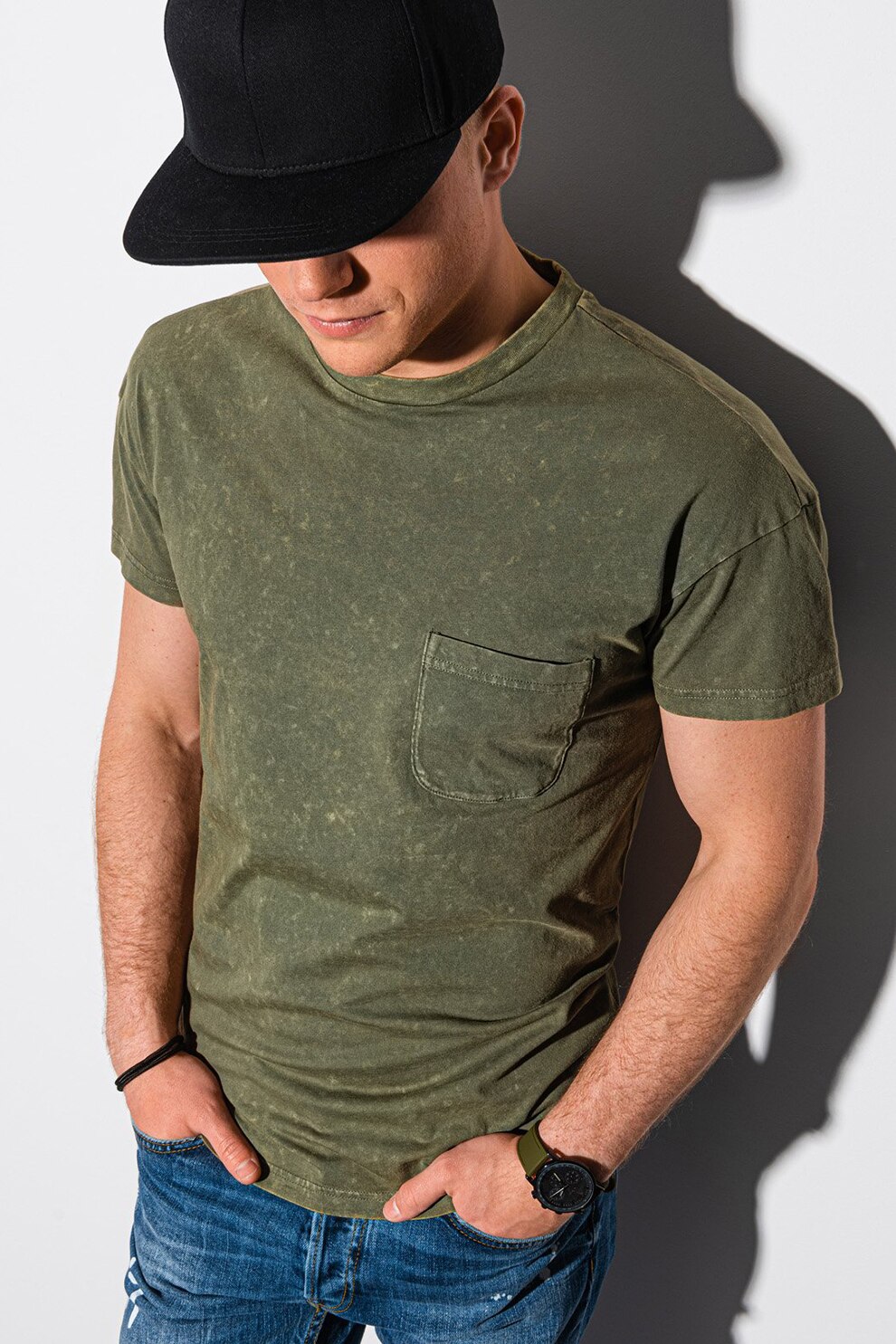 OMBRE, Tricou cu decolteu la baza gatului si buzunar pe piept, Verde militar