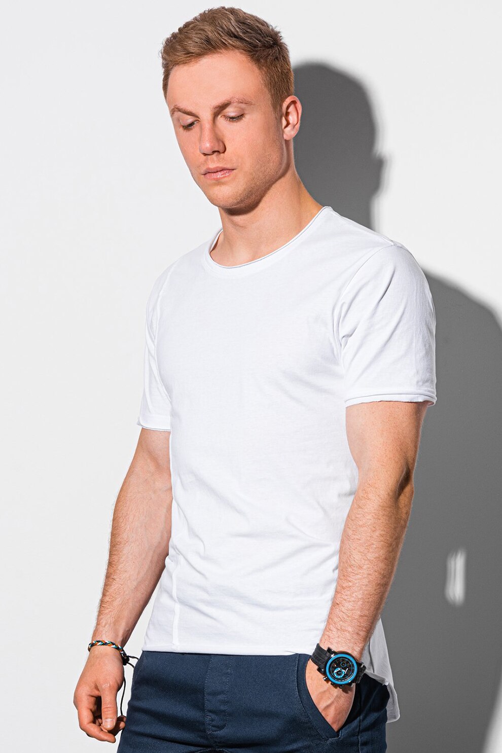 OMBRE, Tricou de bumbac cu decolteu la baza gatului, Alb