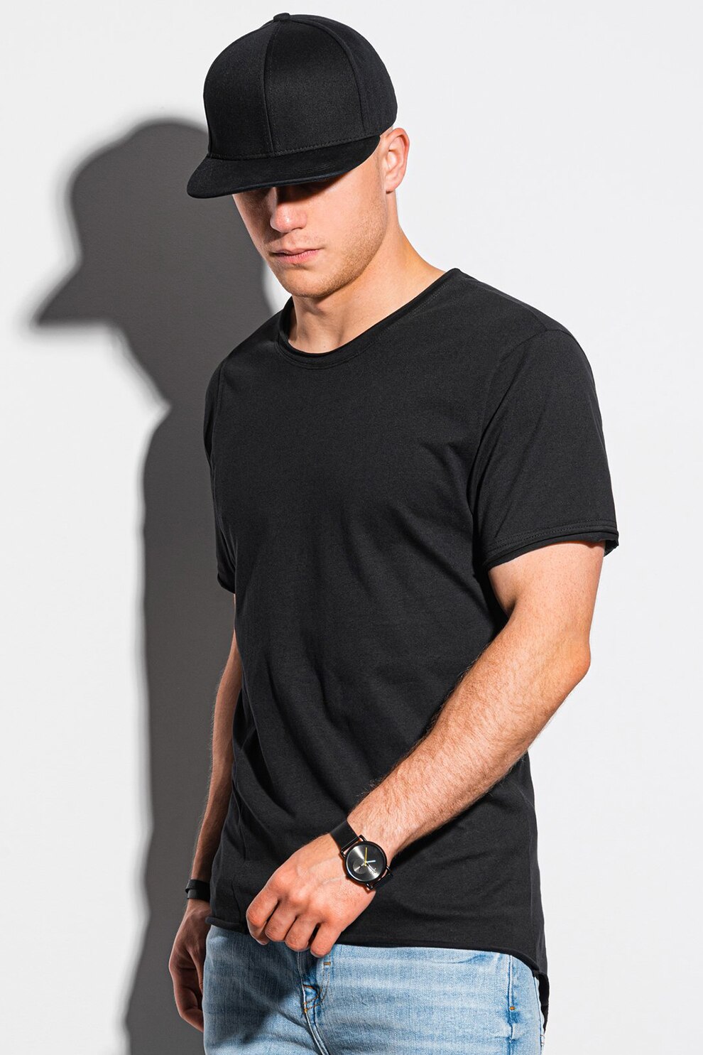 OMBRE, Tricou de bumbac cu decolteu la baza gatului, Negru