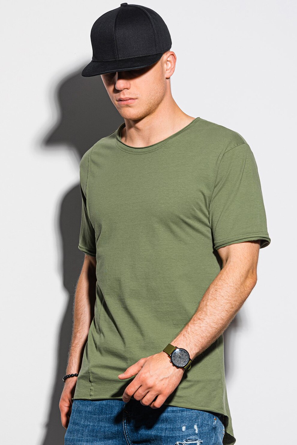 OMBRE, Tricou de bumbac cu decolteu la baza gatului, Verde feriga