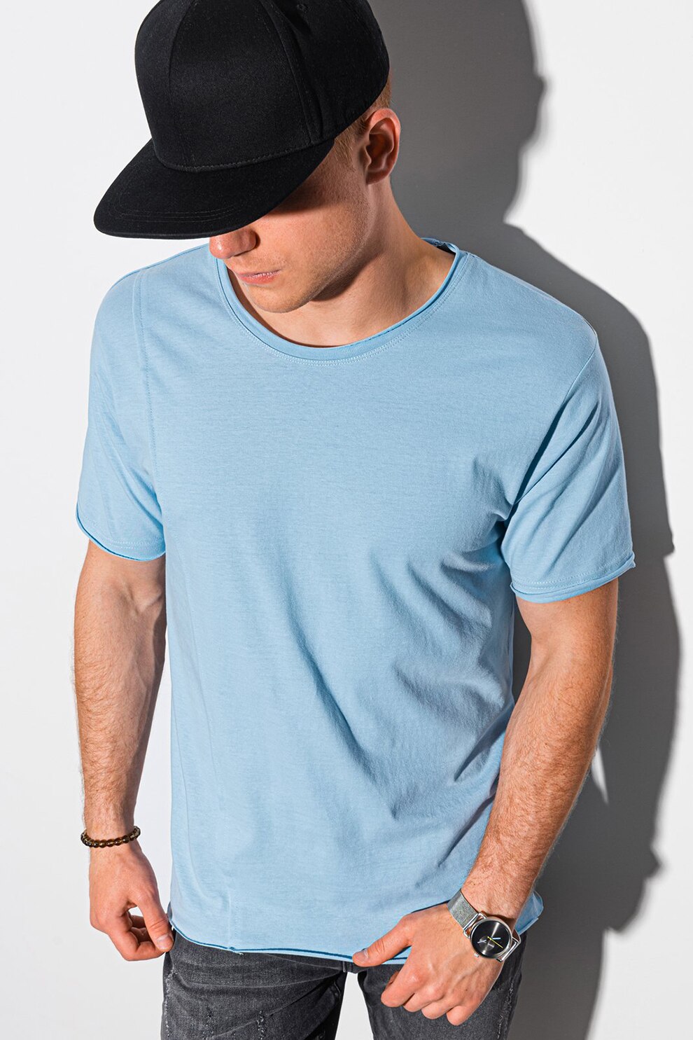 OMBRE, Tricou de bumbac cu decolteu la baza gatului, Albastru deschis