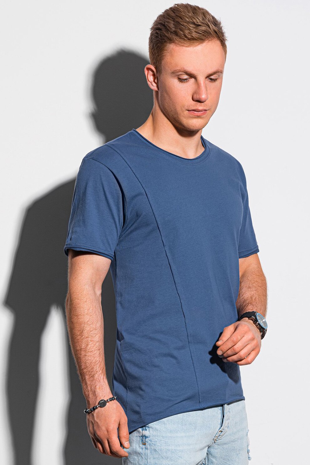 OMBRE, Tricou de bumbac cu decolteu la baza gatului, Albastru inchis