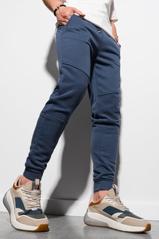 OMBRE, Pantaloni sport slim fit cu segmente striate, Albastru inchis