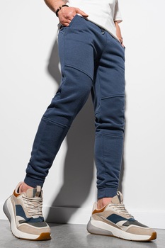 OMBRE, Pantaloni sport slim fit cu segmente striate, Albastru inchis OMBRE, Pantaloni sport slim fit cu segmente striate, Albastru inchis
