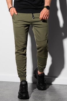 OMBRE, Pantaloni sport slim fit cu segmente striate, Verde militar