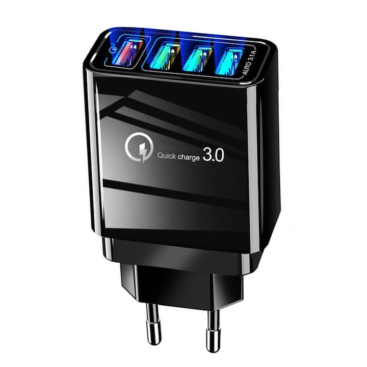 Адаптер за контакт с 3 USB порта за бързо зареждане и 1 порт за бързо зареждане 3.1, Smart Led дизайн, зарядно устройство, черен