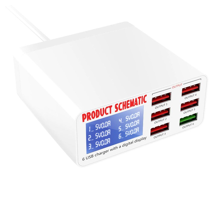 Statie de incarcare, USB 3.0 Fast Charger 6 porturi USB, afisaj digital, 6A 5V, K KATHODE