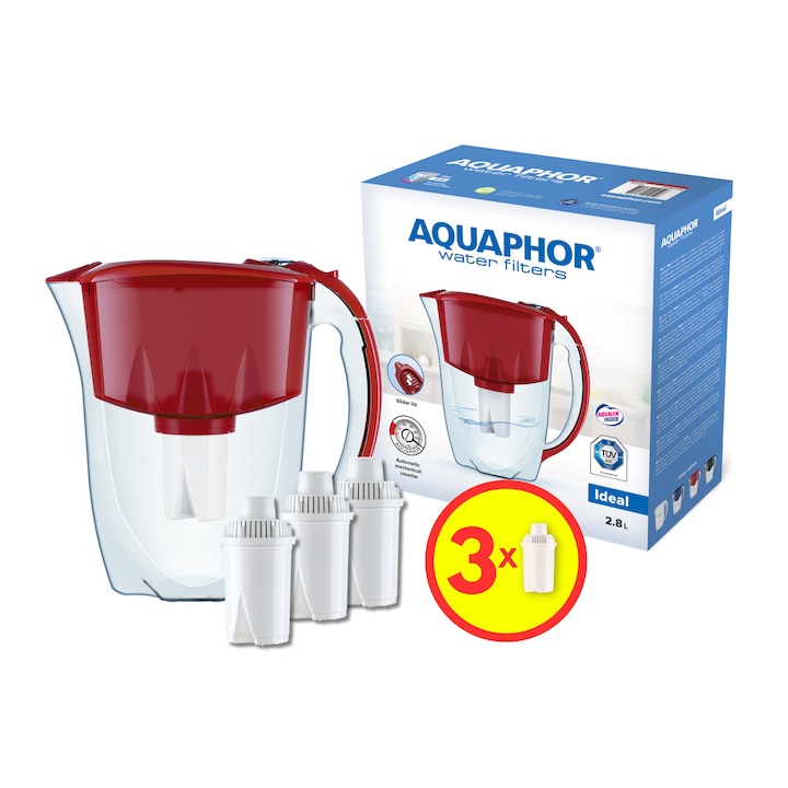 Cana filtranta Aquaphor Ideal cu 3 filtre, rosu