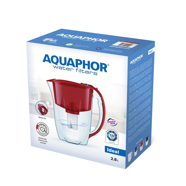 Кана за филтриране на вода Aquaphor Ideal, С 3 филтъра, Червен