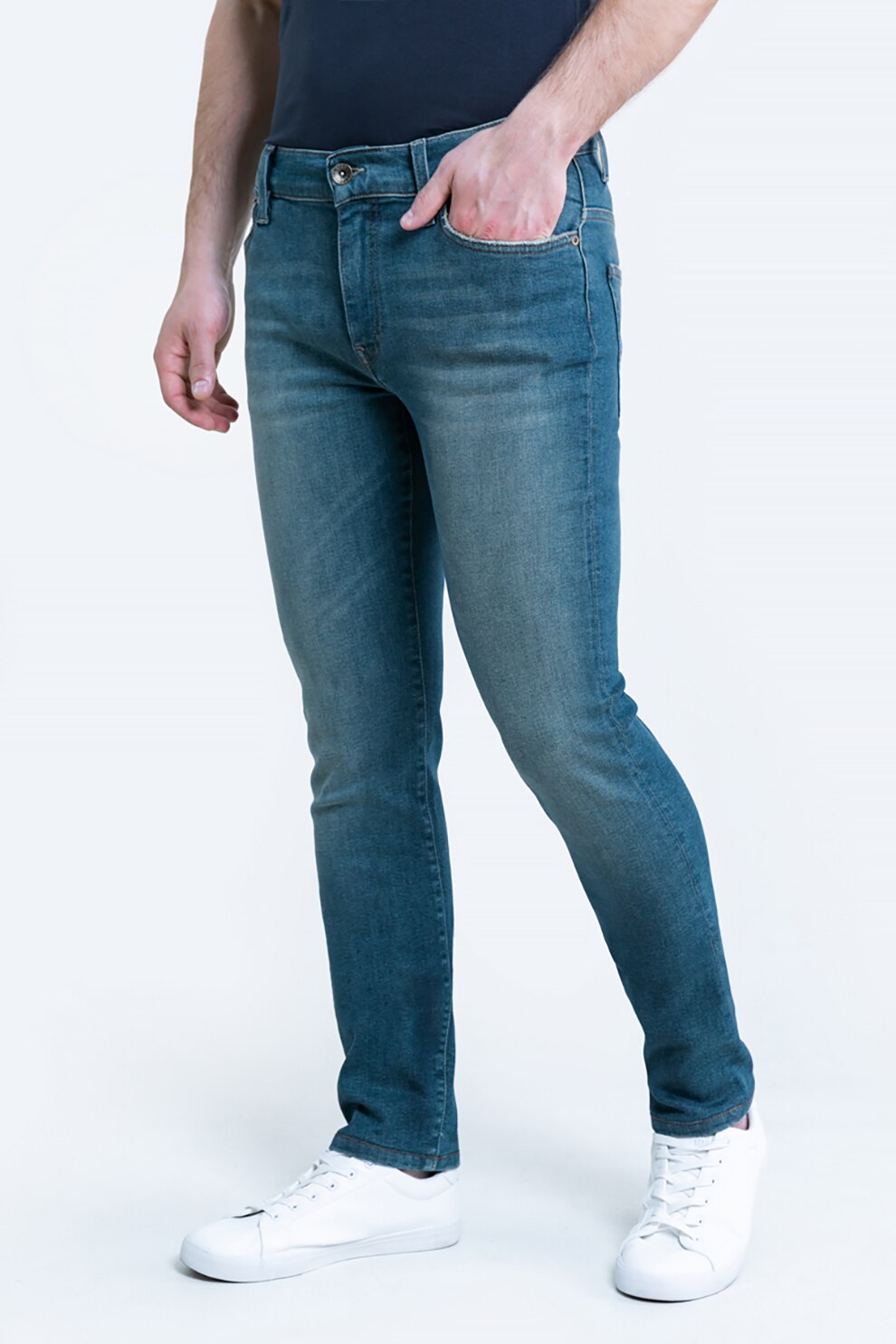 Big Star, Blugi slim fit cu aspect decolorat, Albastru petrol