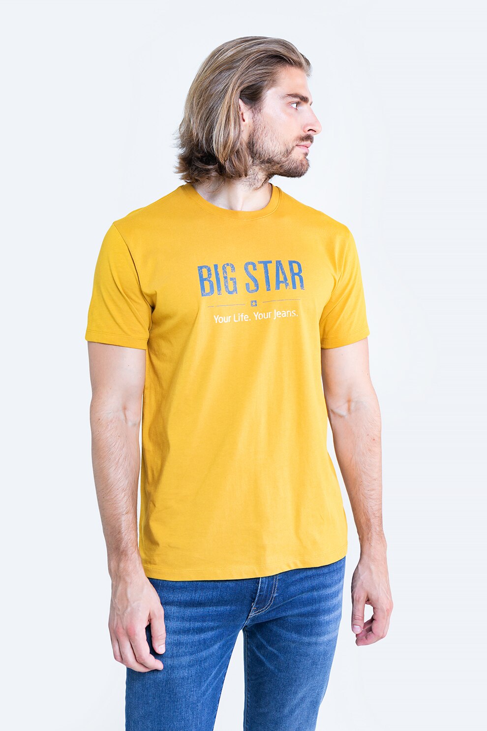 Big Star, Tricou din bumbac cu imprimeu logo, Galben/Albastru inchis