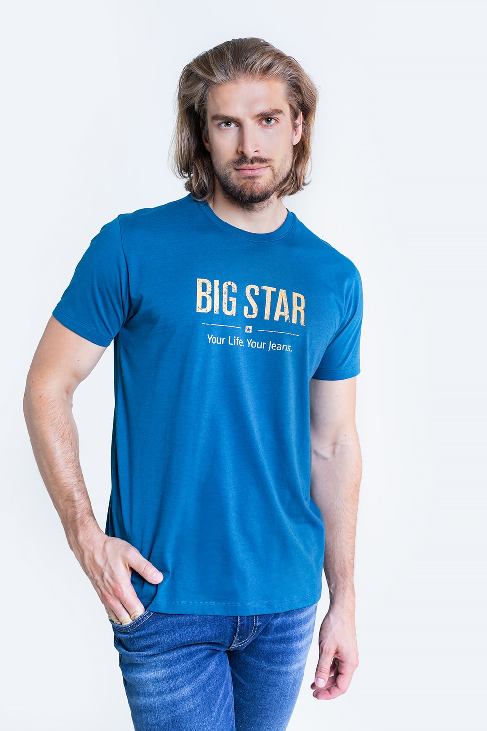 Big Star, Tricou din bumbac cu imprimeu logo, Albastru inchis/Galben