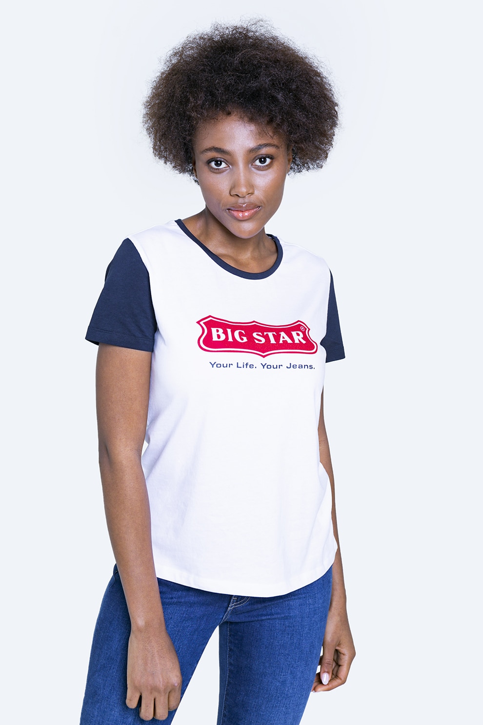 Big Star, Tricou din bumbac cu imprimeu logo si maneci contrastante, Alb/Bleumarin/Rosu