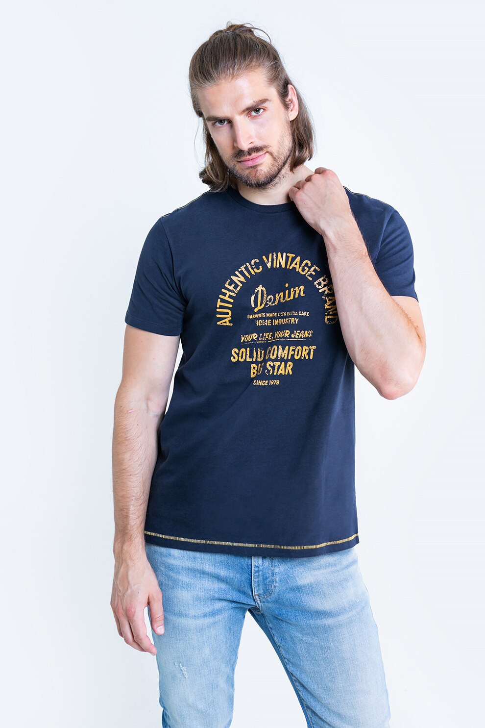 Big Star, Tricou cu imprimeu text, Bleumarin/Galben