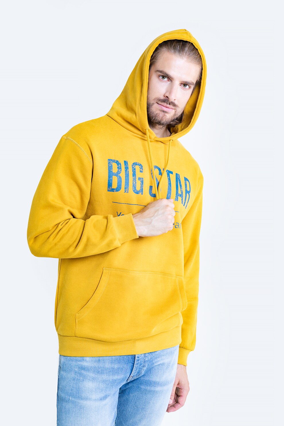 Big Star, Hanorac cu logo si buzunar kangaroo, Galben/Albastru inchis