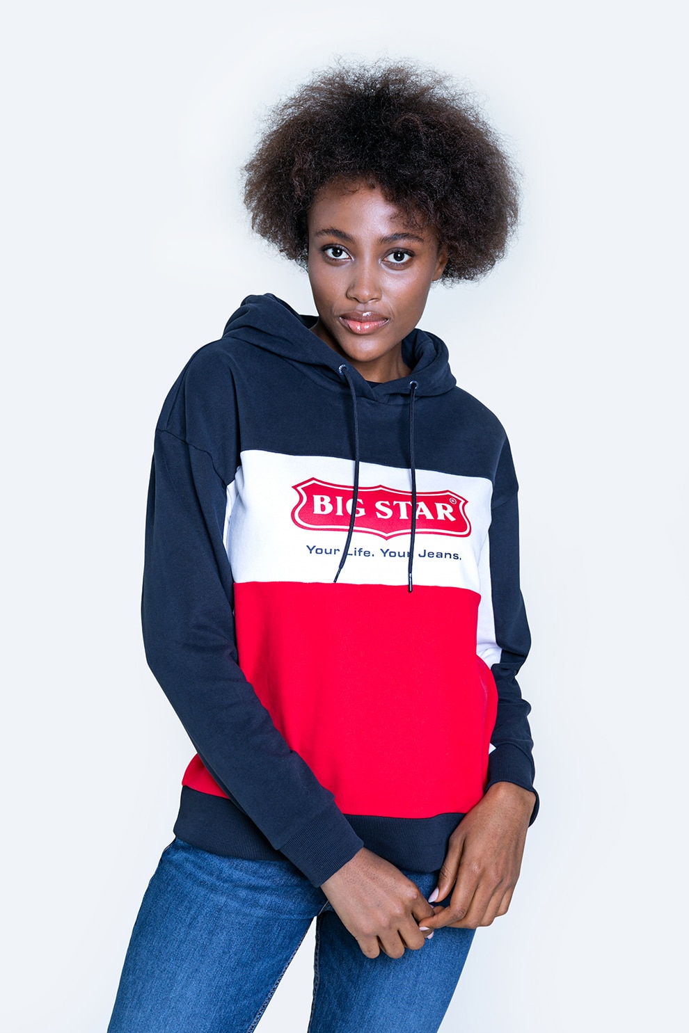 Big Star, Hanorac cu snur si imprimeu logo, Bleumarin/Alb/Rosu