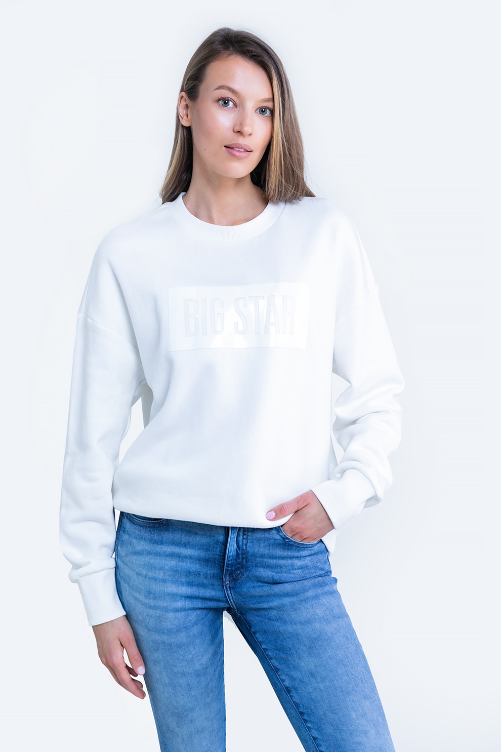 Big Star, Bluza sport cu logo si maneci cazute, Alb