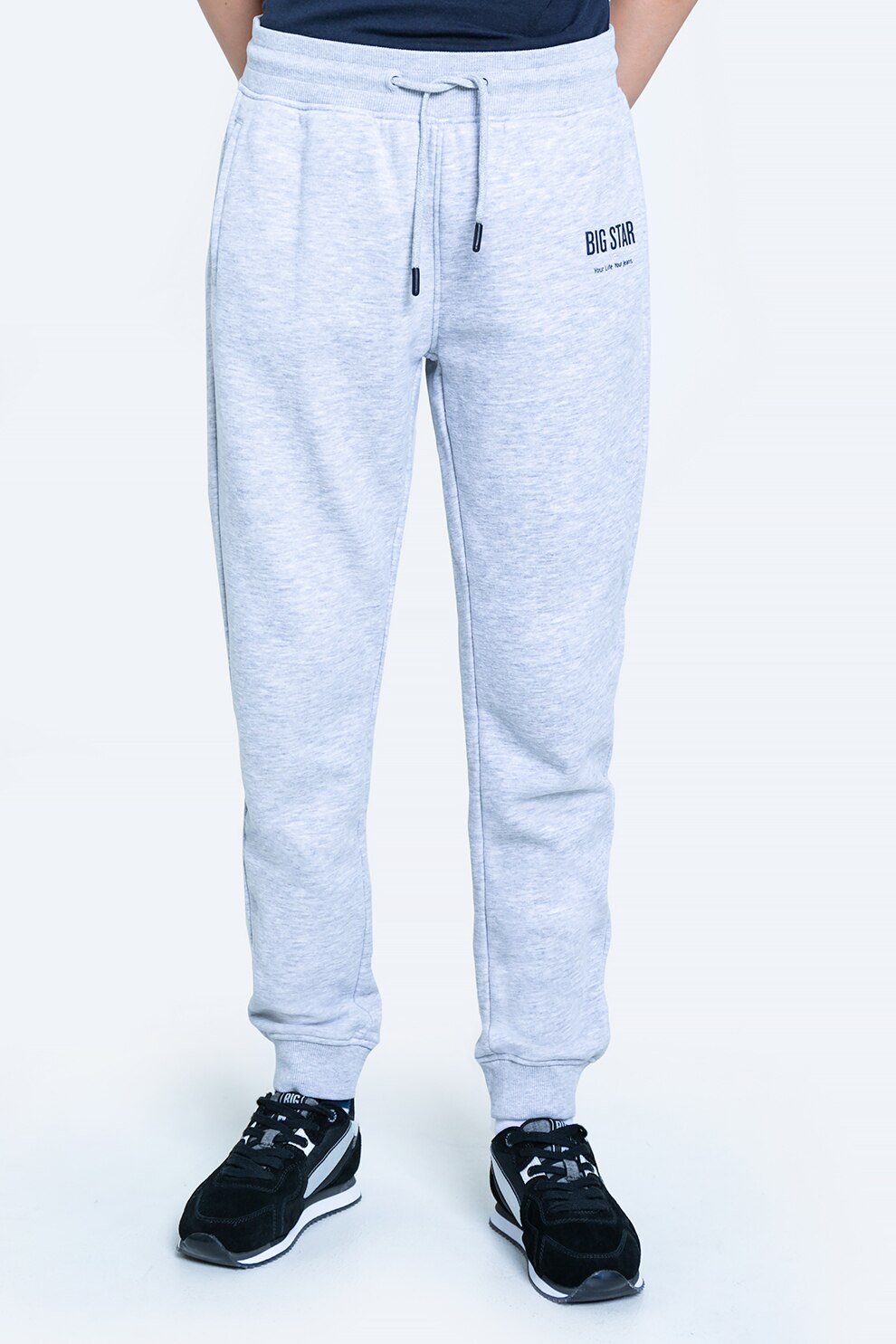Big Star, Pantaloni sport din amestec din bumbac cu snur in talie, Gri deschis melange
