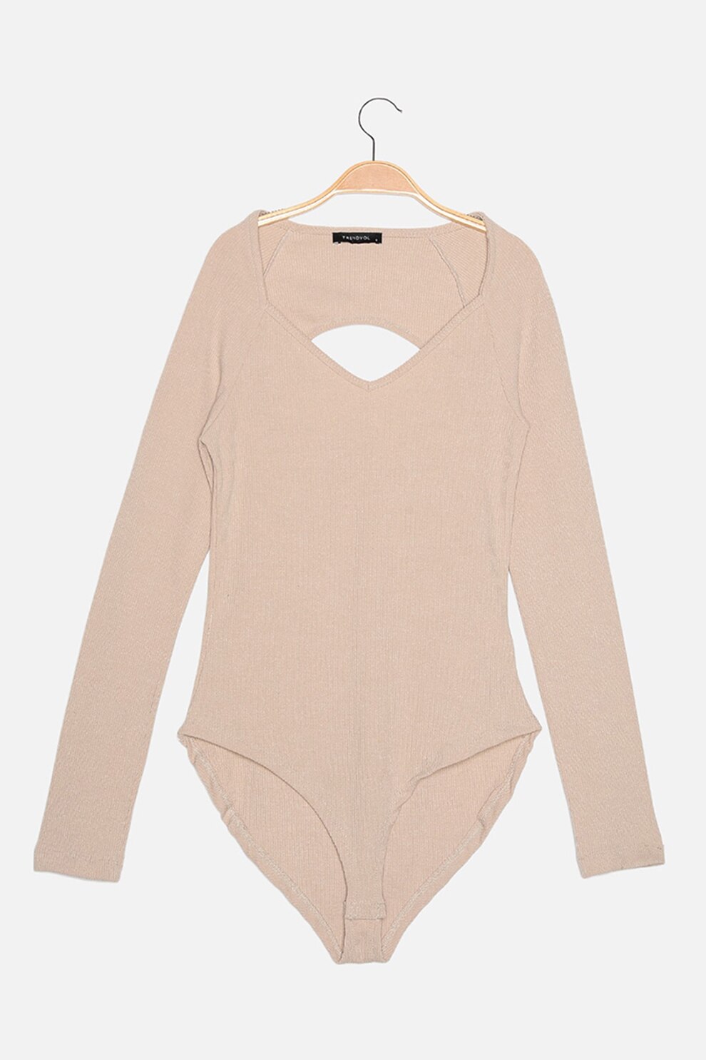 Trendyol, Body cu aspect striat si decupaj pe partea din spate, Maro camel