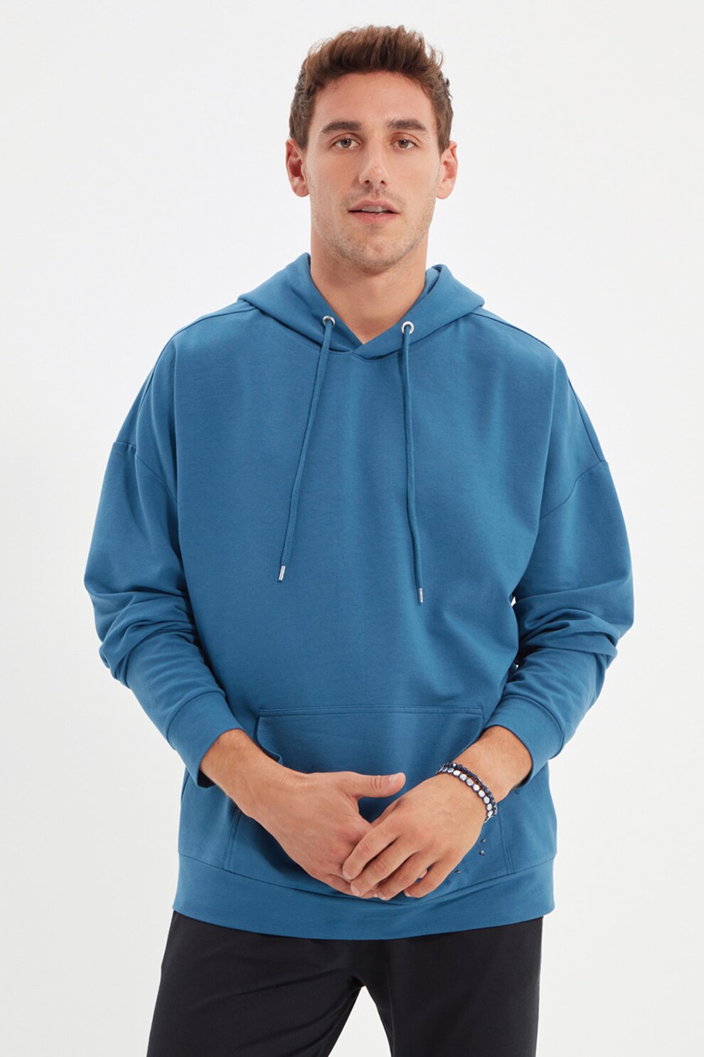 Trendyol, Hanorac supradimensionat cu buzunar kangaroo, Albastru inchis