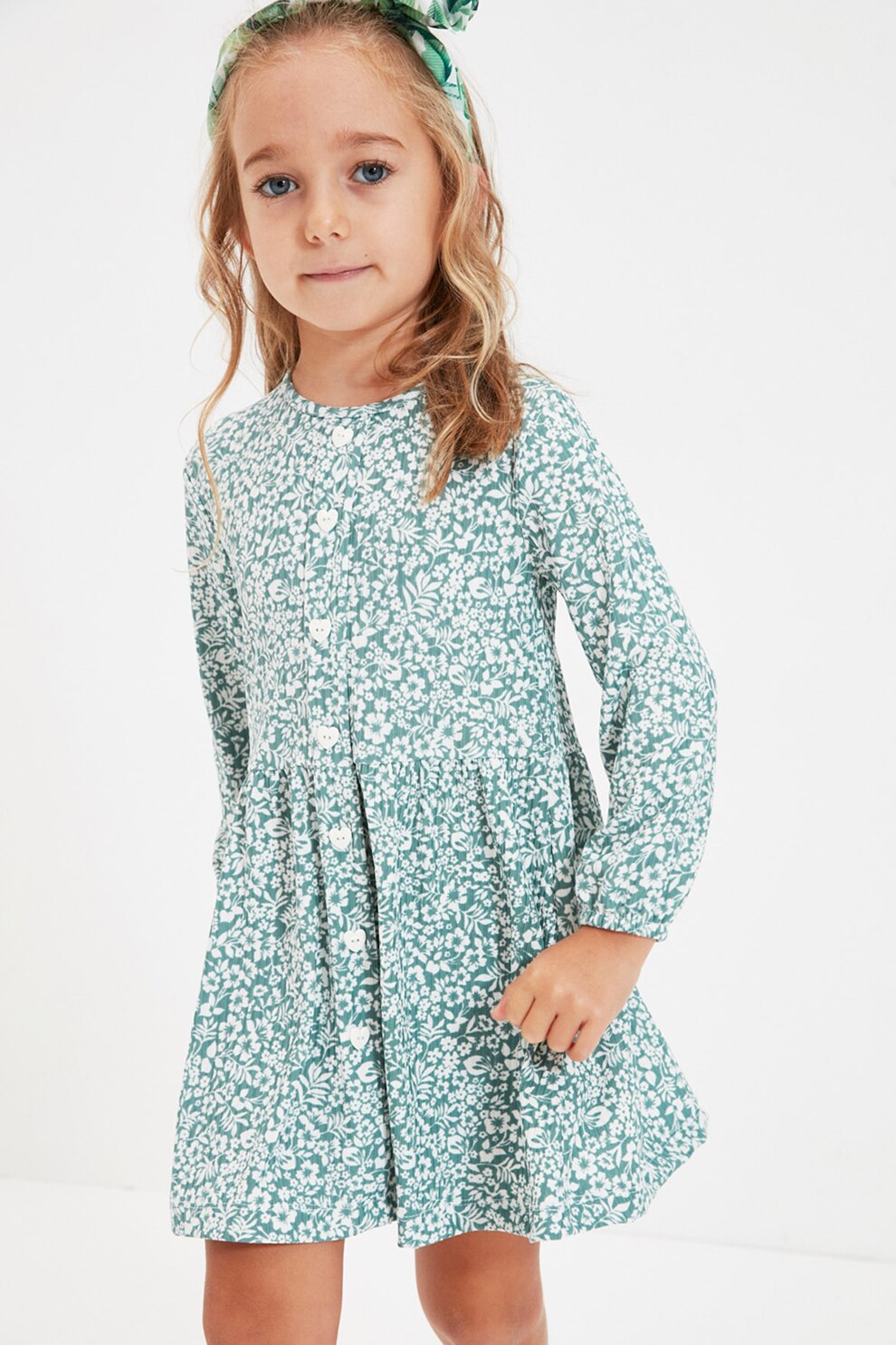 Trendyol, Rochie evazata cu imprimeu floral, Verde/Alb