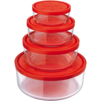 Set 4 caserole Bormioli Gelo cu capac rosu, sticla Set 4 caserole Bormioli Gelo cu capac rosu, sticla
