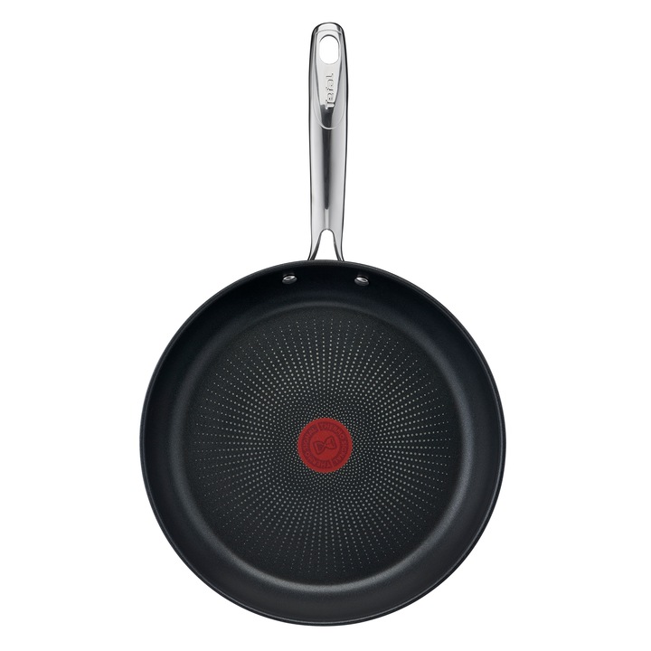 Тиган Tefal Duetto, индукция, титаниево незалепващо покритие, термосигнален индикатор, занитена дръжка, висококачествена неръждаема стомана, 28 см, сребристо/черно