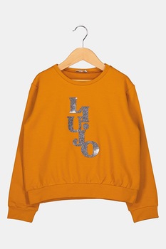 Liu Jo, Bluza sport cu logo stralucitor, Ocru/Negru/Argintiu Liu Jo, Bluza sport cu logo stralucitor, Ocru/Negru/Argintiu